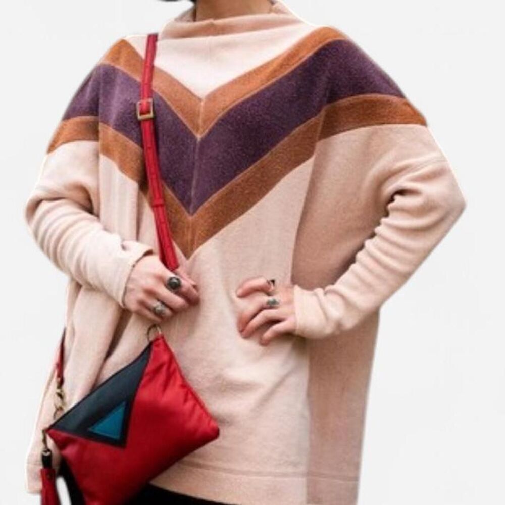 Free People Chevron 70s Fleece Mock Neck Sweater Retro Boho Large - Picture 2 of 7